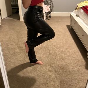 Black leather straight leg jeans